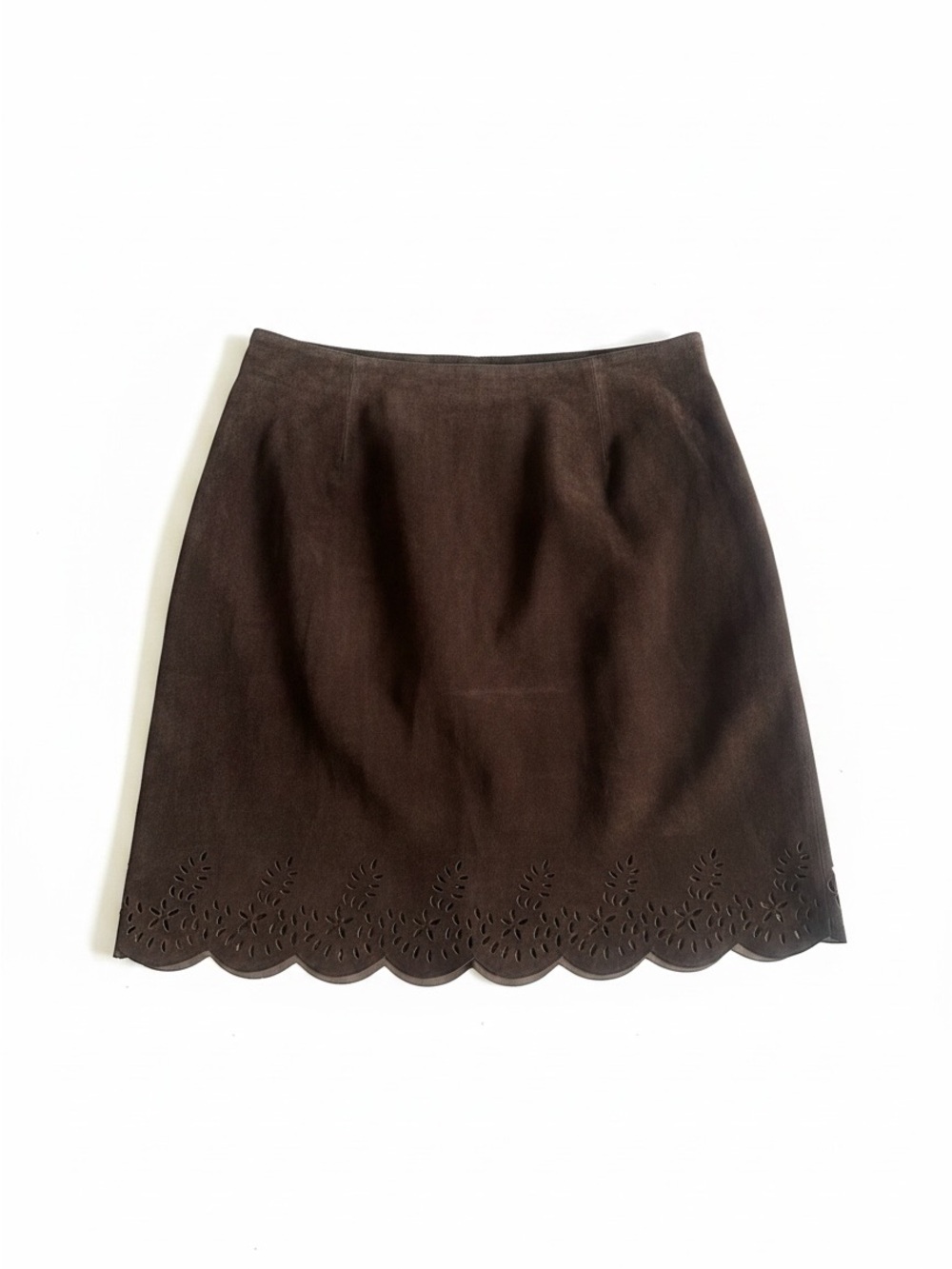 Lord & Taylor Brown 100% Leather Suede Cutout Hem Skirt Size 10‎